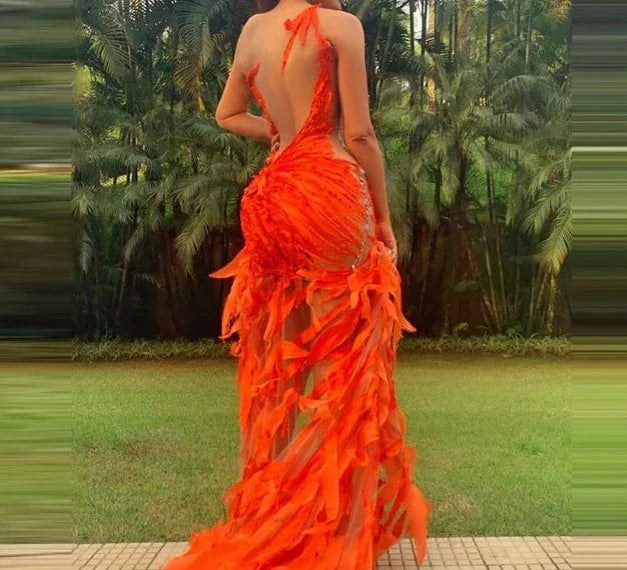 Orange Illusion Irregular Jewel Neck Prom Dress
