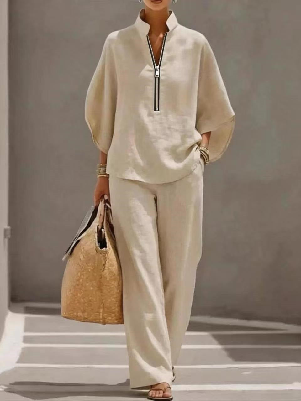 Solid Color Zipper Two-piece Set