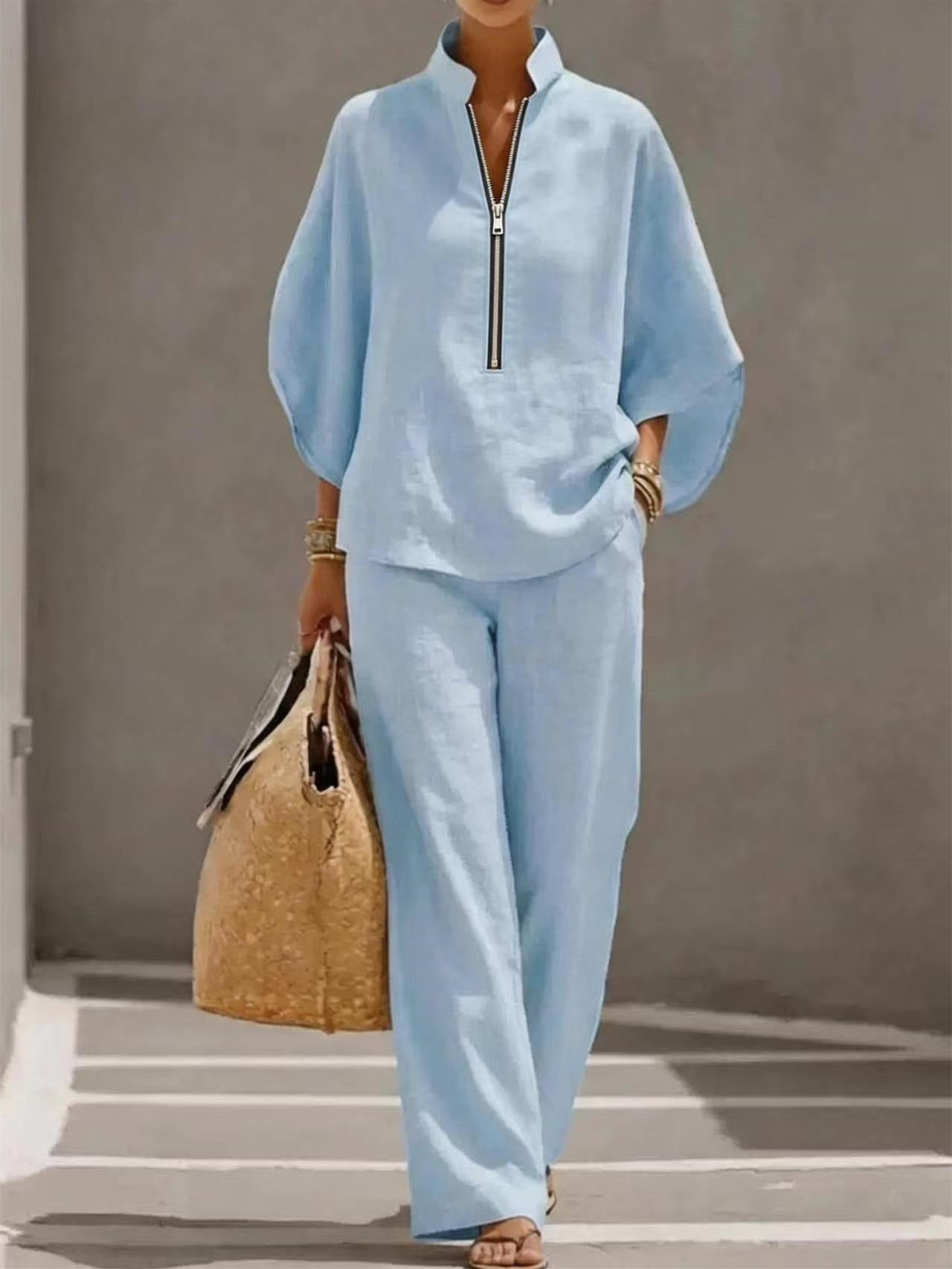 Solid Color Zipper Two-piece Set