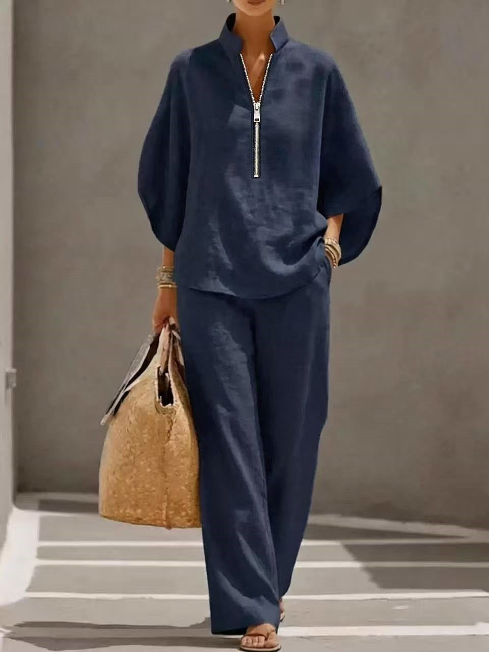 Solid Color Zipper Two-piece Set