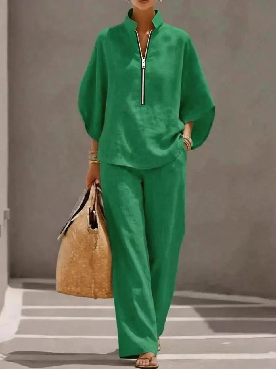 Solid Color Zipper Two-piece Set