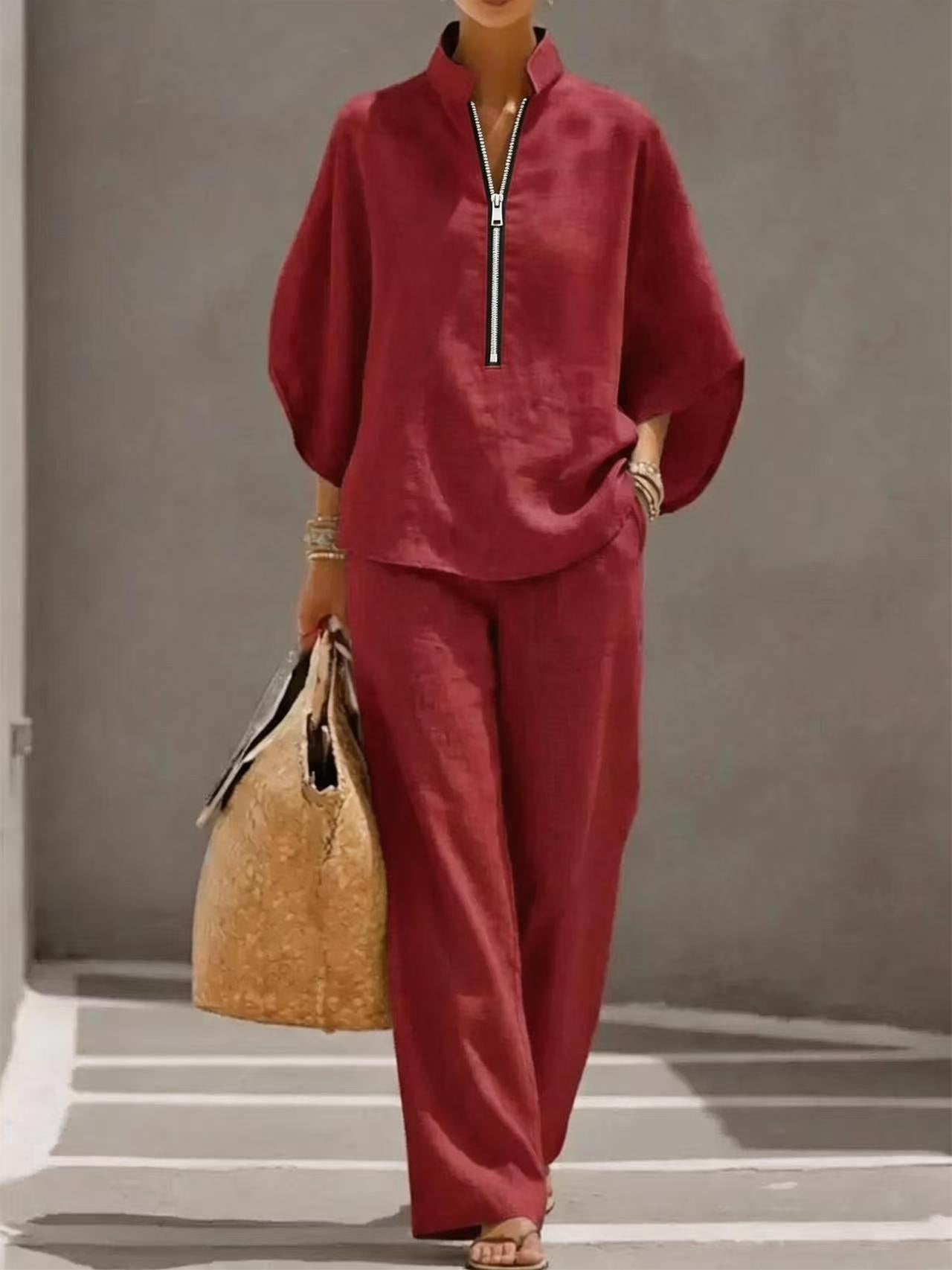 Solid Color Zipper Two-piece Set