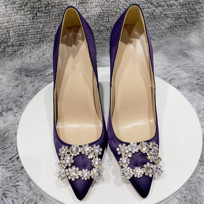 Purple Satin Pointy Toe High Heel with Glitter Square Decor