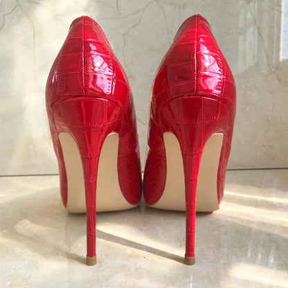 Red Crocodile-Effect Embossed Stiletto High Heels for Women