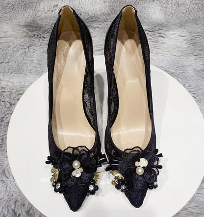 Floral Lace Mesh Pointy Toe High Heels for Women - Elegant Designer Stiletto