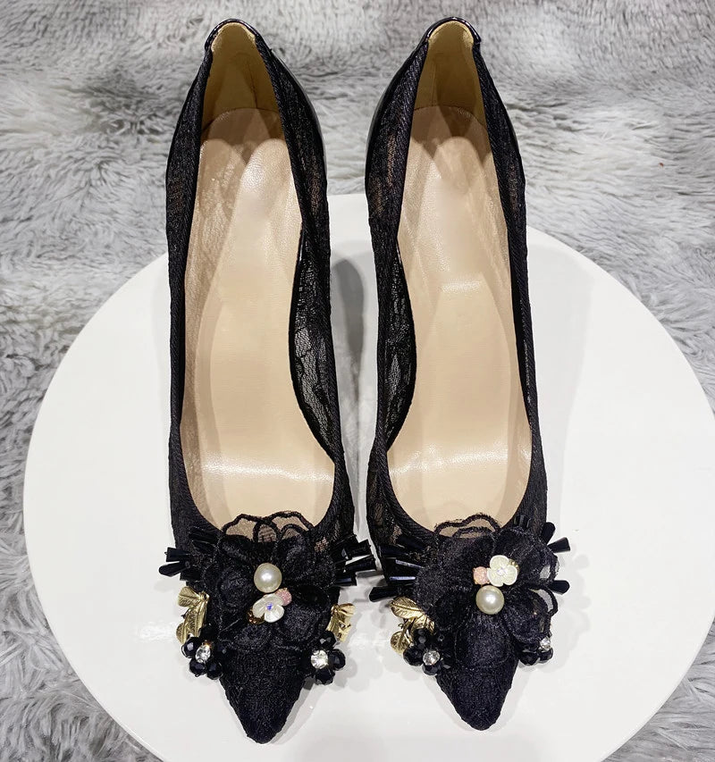 Floral Lace Mesh Pointy Toe High Heels for Women - Elegant Designer Stiletto