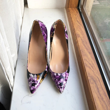 Purple Flower Print Women Patent Pointy Toe High Heel Shoes