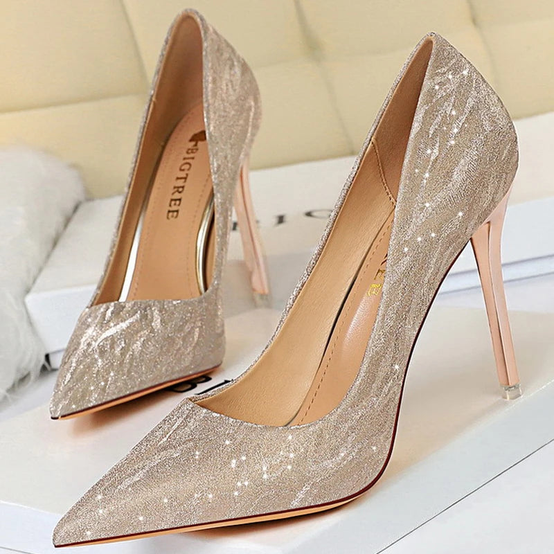 Silver Champagne Sequins Stiletto Wedding Shoes Women High Heels