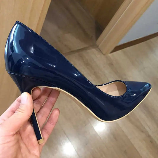 Navy Blue Patent Low Cut Pointy Toe Stiletto Pumps for Women