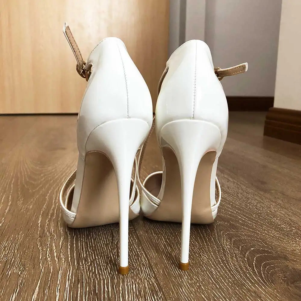 White Glossy Patent Cross Strap Stiletto Pumps for Women