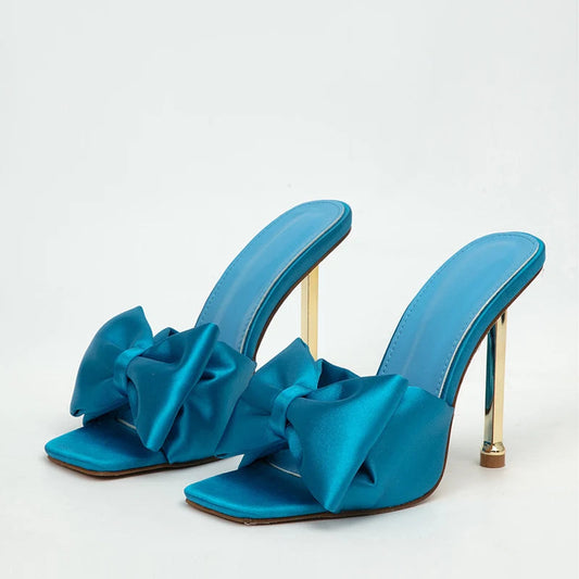 Metal High Heels Slippers with Silk Butterfly-Knot Design for Fashion Party
