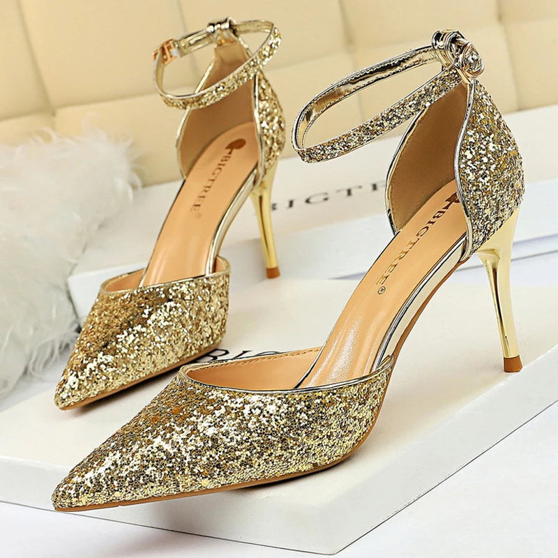 Sexy High Heels Sequins Women Pumps Fashion Wedding Shoes Hollow
