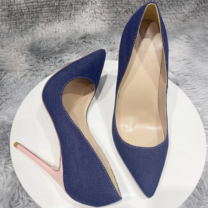 Blue Denim Jeans with Pointy Toe High Heel Shoes in Shiny Pink