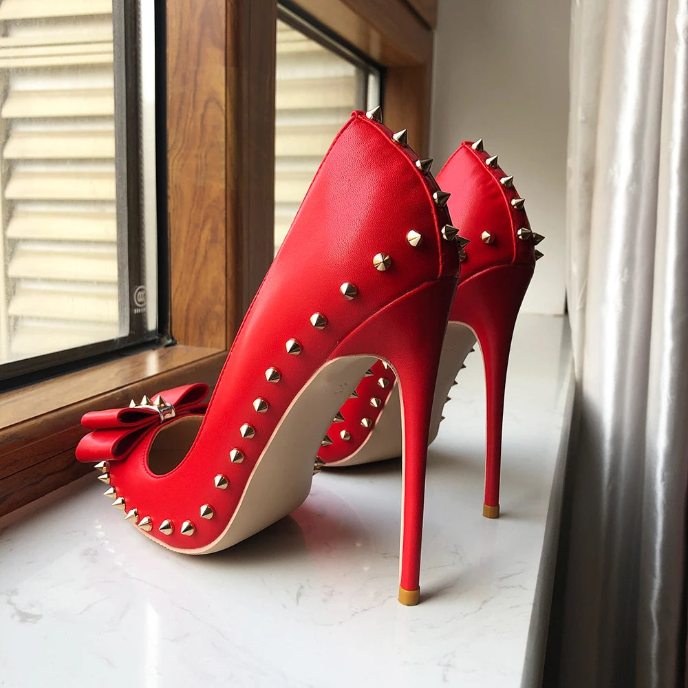 Red Matte Pointy Toe High Heel Shoes with Bow Spikes Rivets Stiletto Pumps for Women