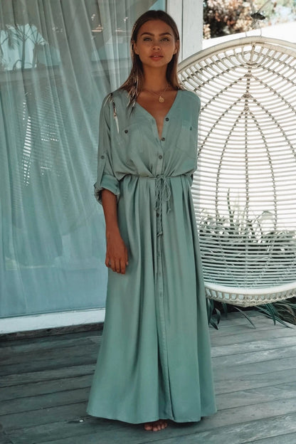 DressBetty - Sexy Button Pockets Front Open Self Belted High Waist Summer Dress