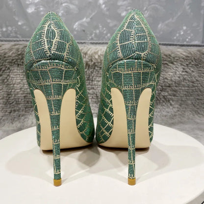 Green Glitter Embossed Crocodile Effect Pointy Toe High Heel Party Dress Shoes for Women