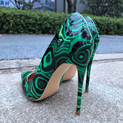 Green Floral Print Patent Pumps with Slip On Pointed Toe Stilettos for Women