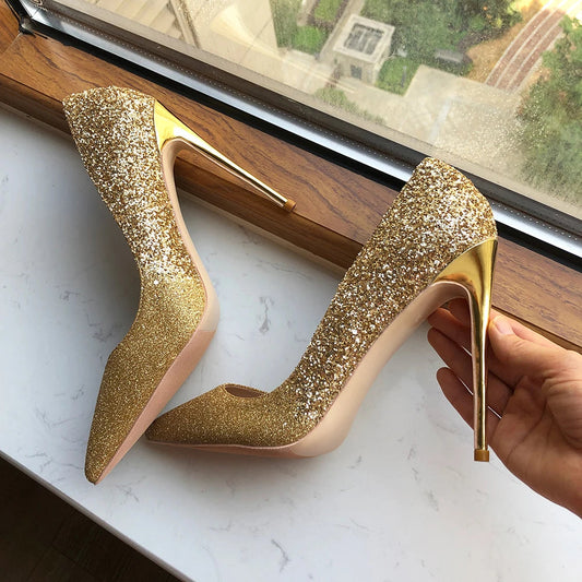 Gold Sequined Pointy Toe High Heel Wedding Bridal Shoes