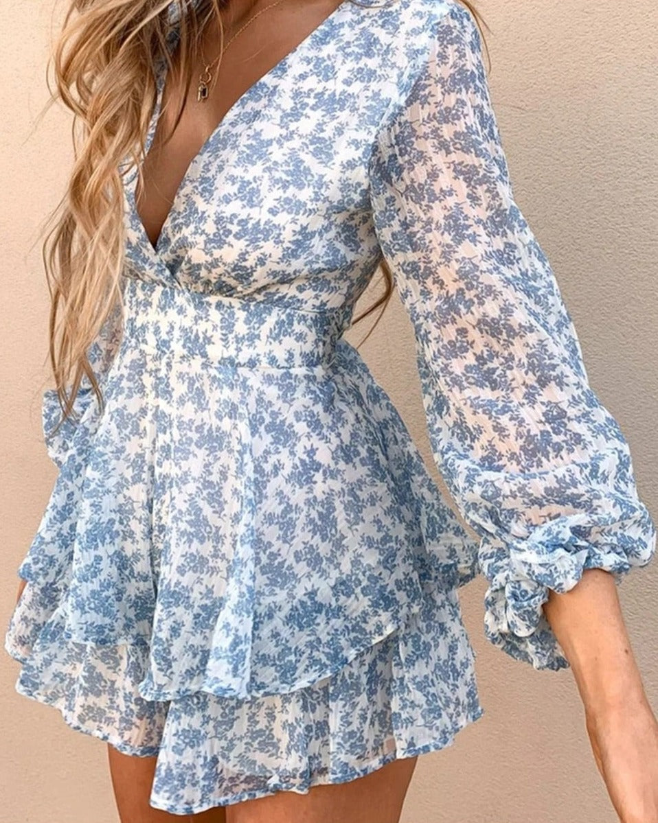 Women's V-Neck Long Sleeve Floral Ruffled Romper – Summer Playsuit