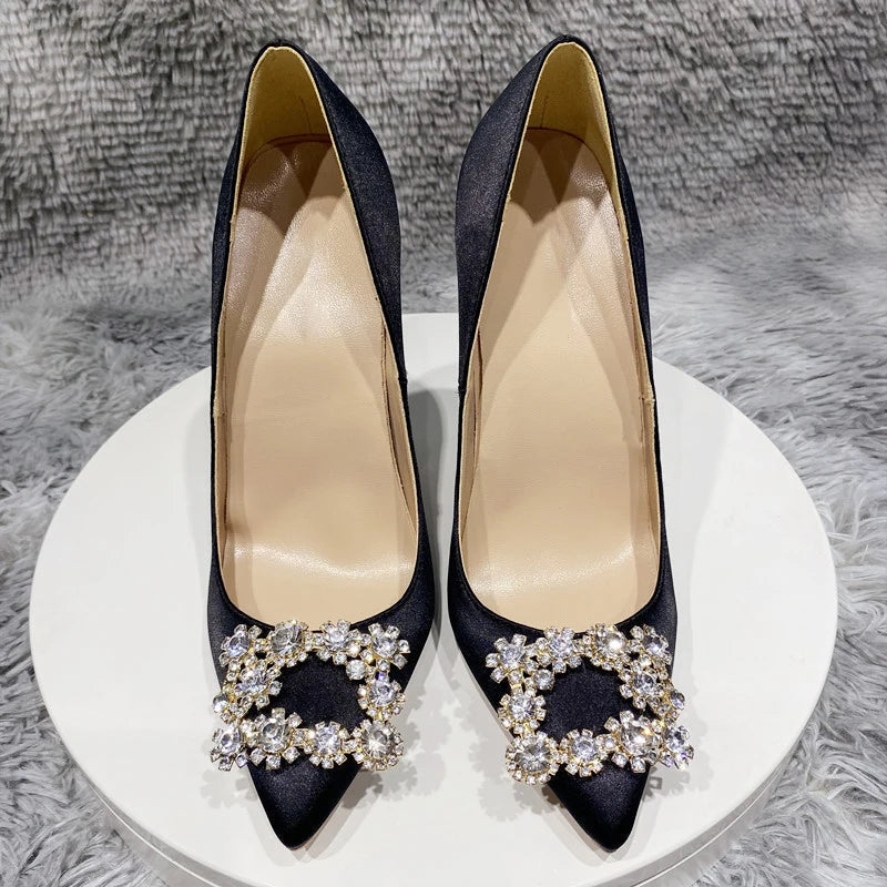 Purple Satin Pointy Toe High Heel with Glitter Square Decor