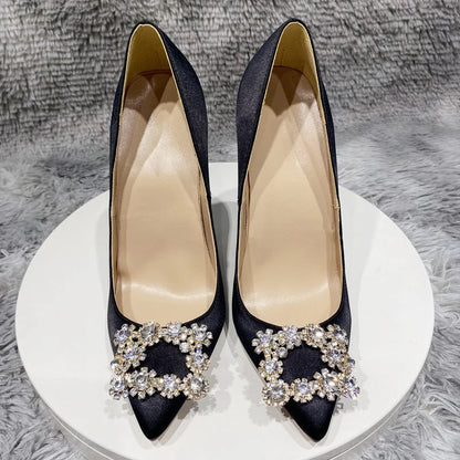 Purple Satin Pointy Toe High Heel with Glitter Square Decor