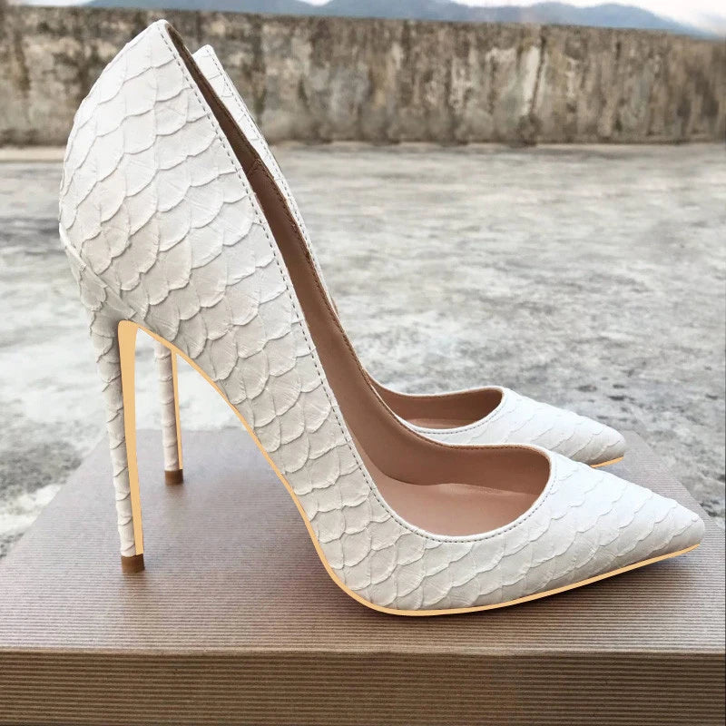 White Crocodile-Effect Stiletto High Heels for Women