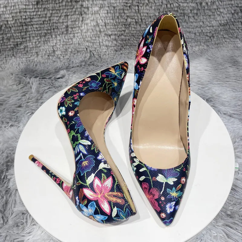 Flowers Printed Women Pointy Toe High Heel Party Dress Shoes
