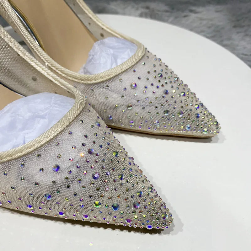 Sequined Gauze Rhinestone Pointy Toe High Heel Party Shoes