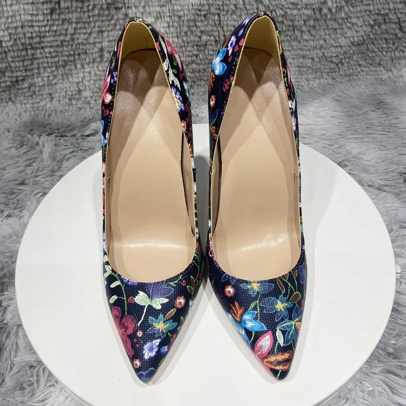 Flowers Printed Women Pointy Toe High Heel Party Dress Shoes