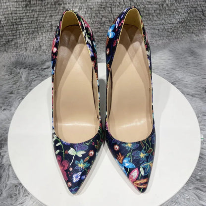 Flowers Printed Women Pointy Toe High Heel Party Dress Shoes