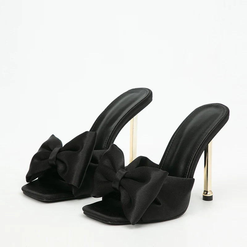 Metal High Heels Slippers with Silk Butterfly-Knot Design for Fashion Party