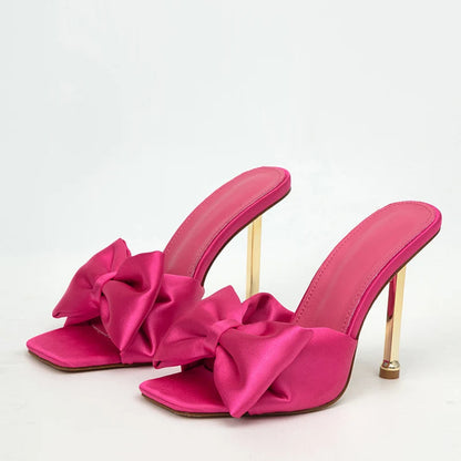 Metal High Heels Slippers with Silk Butterfly-Knot Design for Fashion Party