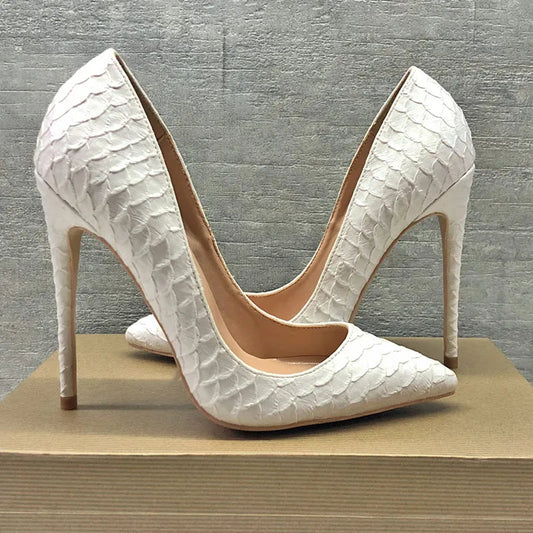 White Crocodile-Effect Stiletto High Heels for Women