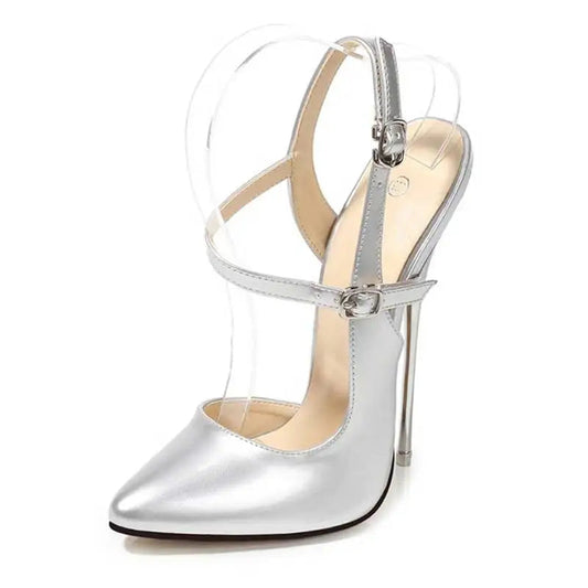 Metal Stiletto High Heels Women Patent Leather Slingbacks Pumps - 16cm
