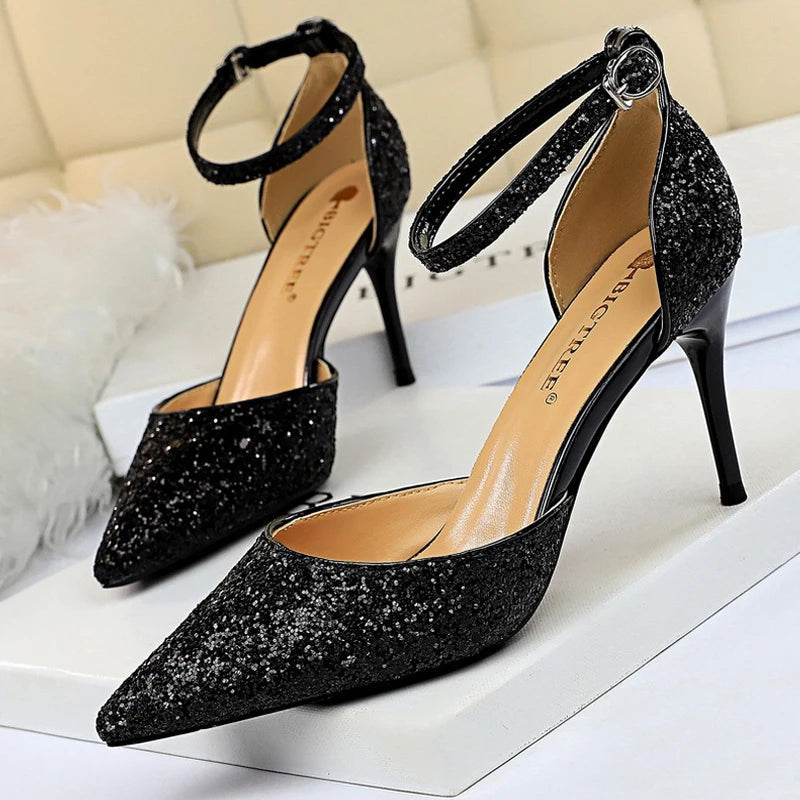 Sexy High Heels Sequins Women Pumps Fashion Wedding Shoes Hollow