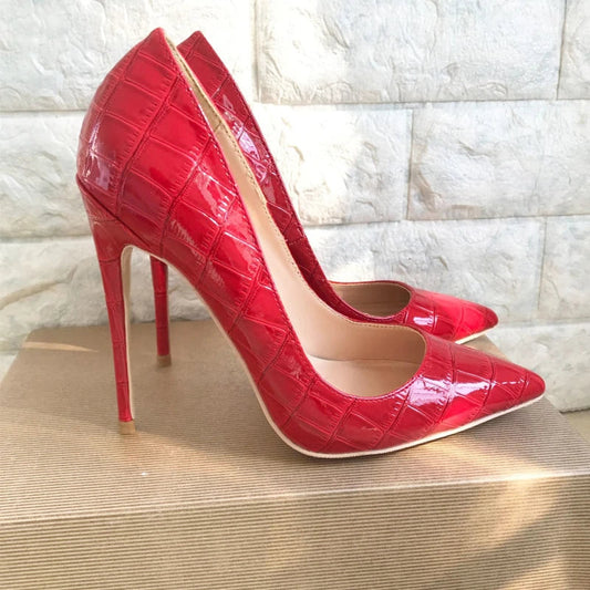 Red Crocodile-Effect Embossed Stiletto High Heels for Women
