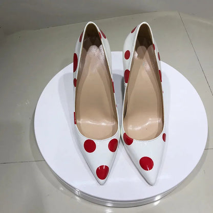 Red Polka Dot White Patent Pointy Toe High Heels for Women