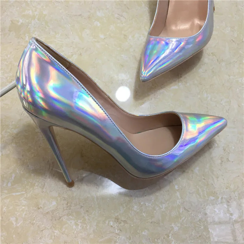 Shiny Silver Patent Women Pointy Toe High Heel Party Shoes