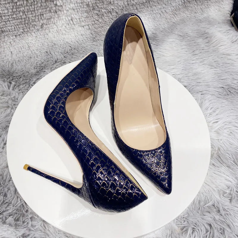 Crocodile Effect Women Pointy Toe Slip On High Heel Stiletto Pumps