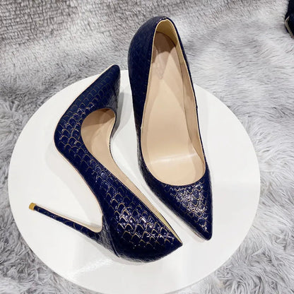 Crocodile Effect Women Pointy Toe Slip On High Heel Stiletto Pumps