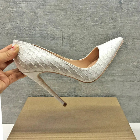White Crocodile-Effect Stiletto High Heels for Women