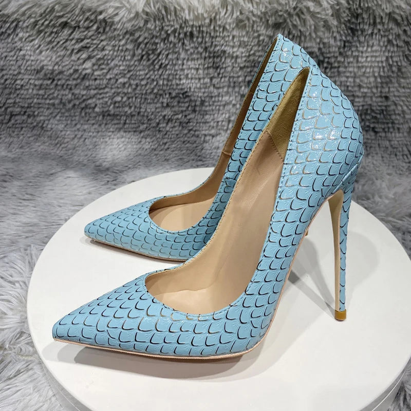Crocodile Effect Women Pointy Toe Slip On High Heel Stiletto Pumps