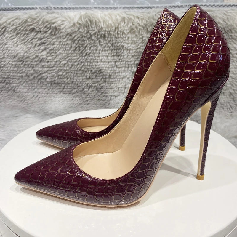 Crocodile Effect Women Pointy Toe Slip On High Heel Stiletto Pumps