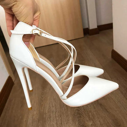 White Glossy Patent Cross Strap Stiletto Pumps for Women