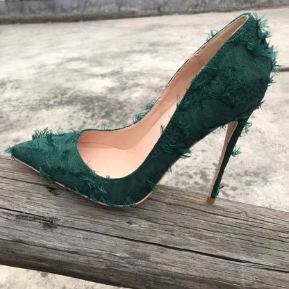 Green Tassel Distressed Fabric Stiletto High Heels Chic Sexy Pumps