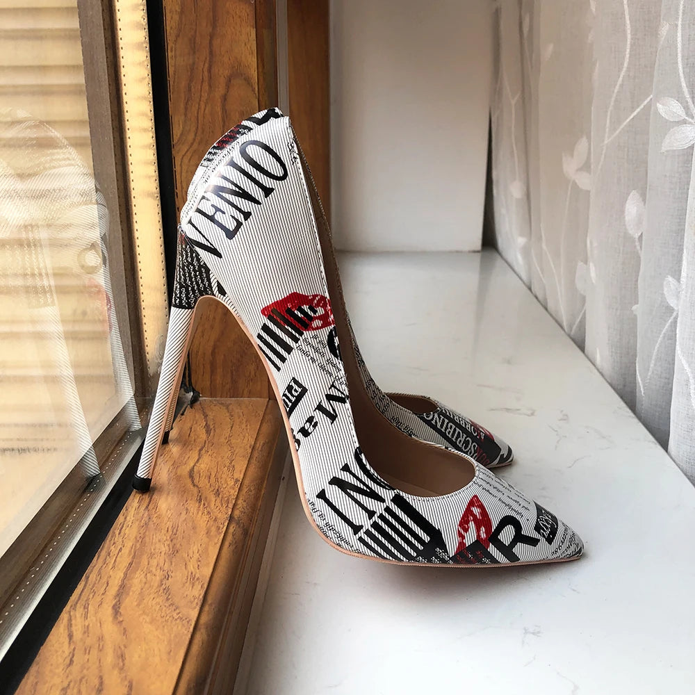 White Pointy Toe High Heel Dress Shoes with Graphic Print for Women