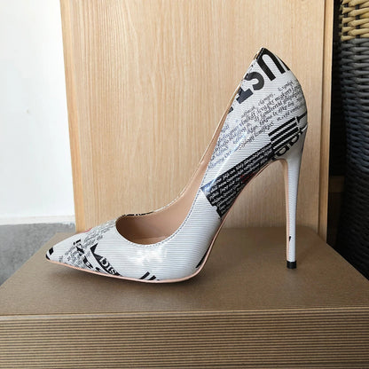 White Pointy Toe High Heel Dress Shoes with Graphic Print for Women