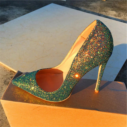 Shiny Green Sequins Pointy Toe High Heel Stiletto Pumps