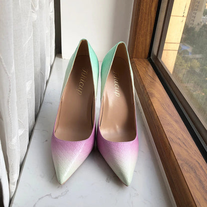 Mint Pink Crocodile Effect Pointy Toe High Heel Shoes for Women