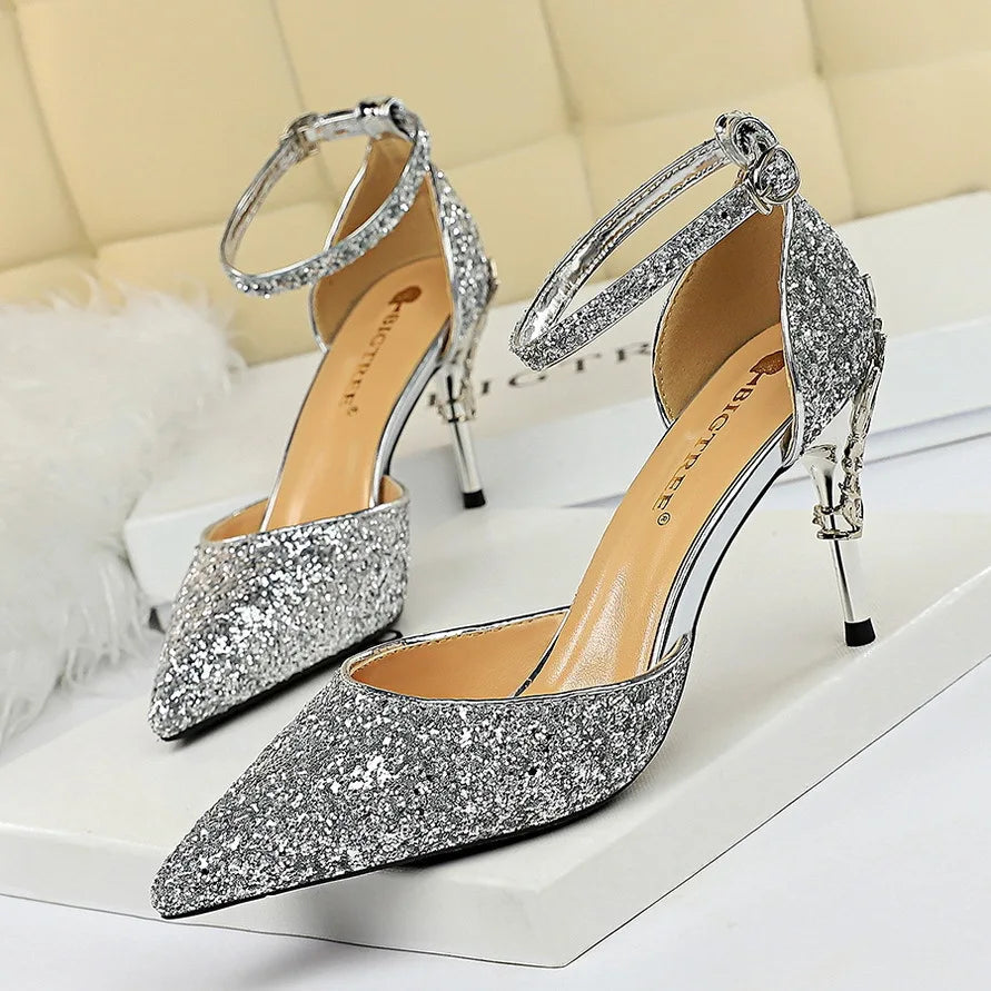 Sequined High Heel Stiletto Pumps in Gold and Silver